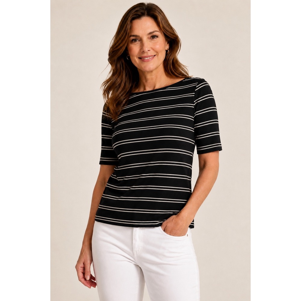 Lauren Ralph Lauren Striped Boat Neck Top Black White Minimalist Old Money L